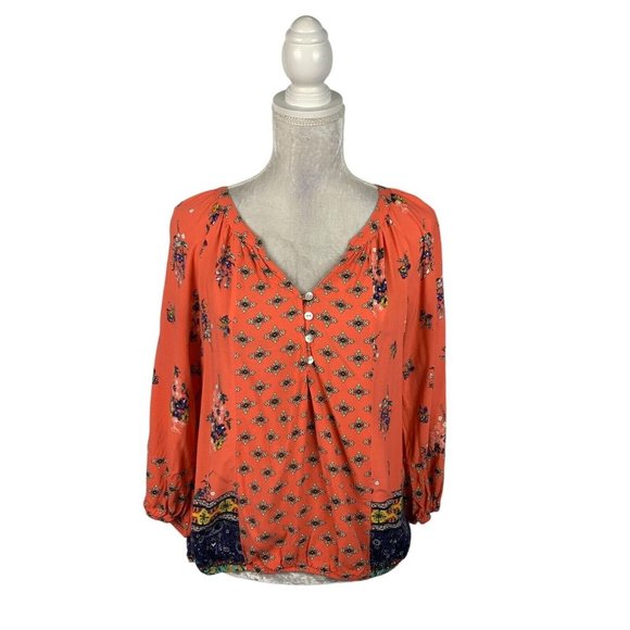 Fig & Flower Tops - Fig and Flower Boho Peasant Blouse Mixed Prints Floral Geometric Cottagecore L
